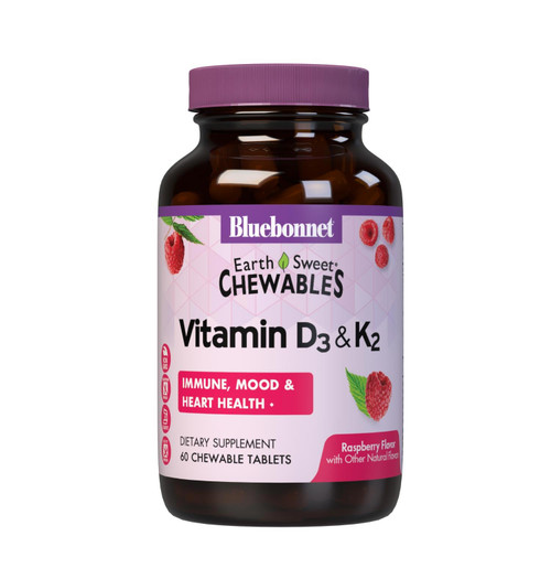 Bluebonnet Nutrition Vitamin D3 & K2 EarthSweet Chewable Tablets, for Immune, Mood & Heart Health*, Soy-Free, Gluten-Free, Non-GMO, Kosher Dairy, 60 Raspberry Flavor Chewable Tablets, 60 Servings