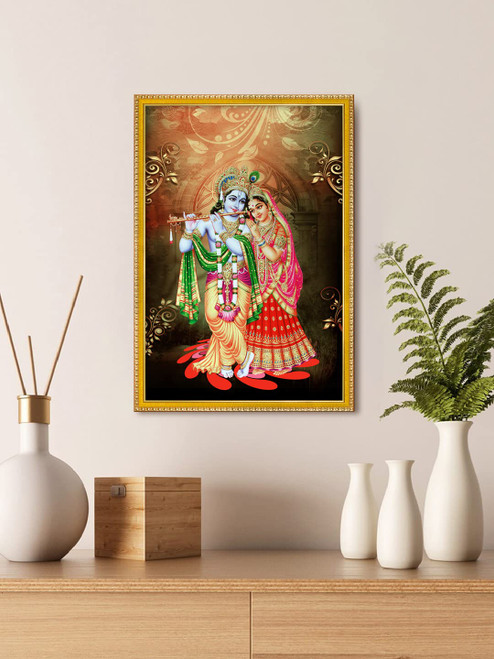 999Store Lord Radha Krishna Playing Flute Photo Painting With Photo Frame For Temple / Mandir Radha Krishna Frames For Wall (11x8 Inches)