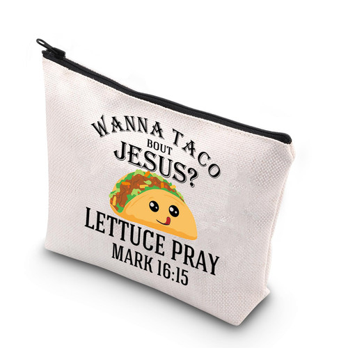 BDPWSS Christian Taco Gift Wanna Taco Bout Jesus Funny Christian Pun Makeup Bag Religious Bible Verse Travel Pouch (Wanna Taco)