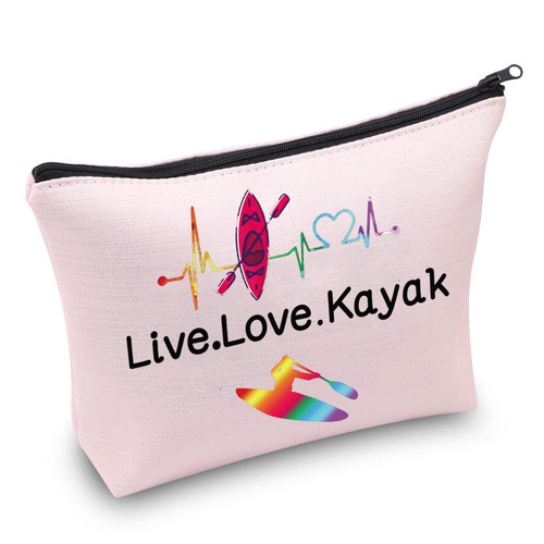 PXTIDY Kayaker Kayaking Gift Beach Kayak Canoe Lover Cosmetic Bag Live Love Kayak Canvas Zipper Bag For Kayak Kayaker Coach Canoeist Sailors Swimmer (Pink)