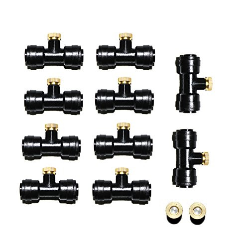 1/4'' Slip-Lock, Outdoor Mist Tee Nozzle, Water Brass Misting Mister Nozzle, Misting Nozzles Kit, with Thread 10/24 UNC Tees 10pcs and 0.4mm Orifice Nozzle 12pcs, for Outdoor Cooling System