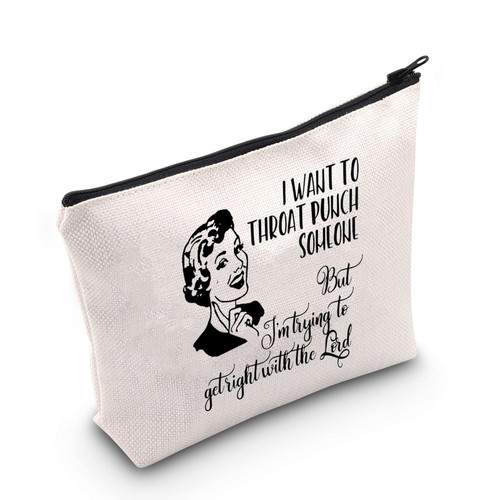 POFULL Retro Style Housewife Gift Sarcastic Vintage Housewife Cosmetic Bag Funny Gift for Mom Retro Sassy Housewife Gift (I Want to Throat Punch Someone bag)