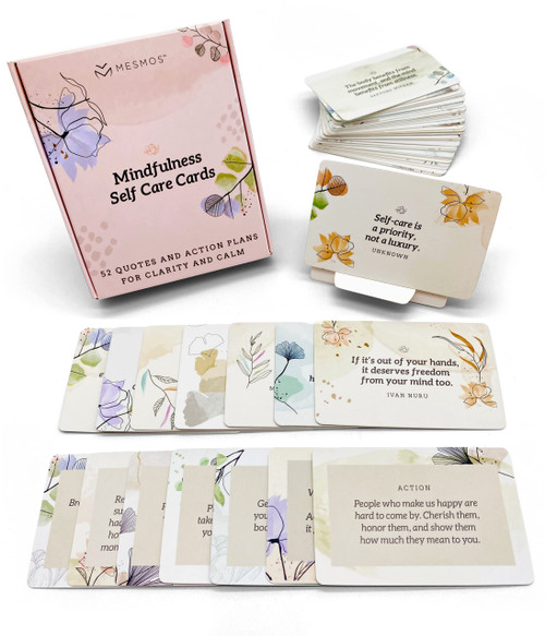 MESMOS 52 Mindfulness Cards with Action Plans. Relaxation Stress Relief Gifts for Women, Positive Affirmation Cards, Anxiety Relief Items, Meditation Self Care Kit, Relaxing Spiritual Gifts for Women MESMOS 52 Mindfulness Cards with Action Plans. Relaxation Stress Relief Gifts for Women, Positive Affirmation Cards, Anxiety Relief Items, Meditation Self Care Kit, Relaxing Spiritual Gifts for Women