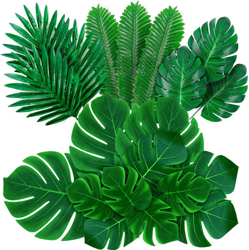 MAXZONE 84 Pieces 6 Kinds Artificial Palm Leaves with Faux Monstera Leaves Stems Tropical Plant Simulation Safari Leaves for Hawaiian Luau Party Jungle Beach Theme Party Table Leave Decorations