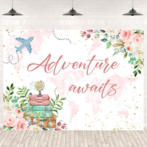 Travel Baby Shower Backdrop for Girls Adventure Awaits World Map Photography Background Decorations Girl Watercolor Begins Travel Airplane Photo Banner Supplies 7x5ft