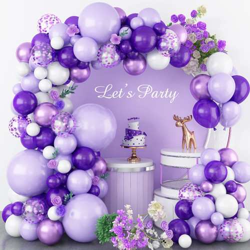 Purple Balloon Arch Garland Kit, Lavender Purple and White Balloon Arch Kit, Purple Metallic and Confetti Balloons for Baby Shower, Girls Birthday, Wedding, Anniversary Party Decorations