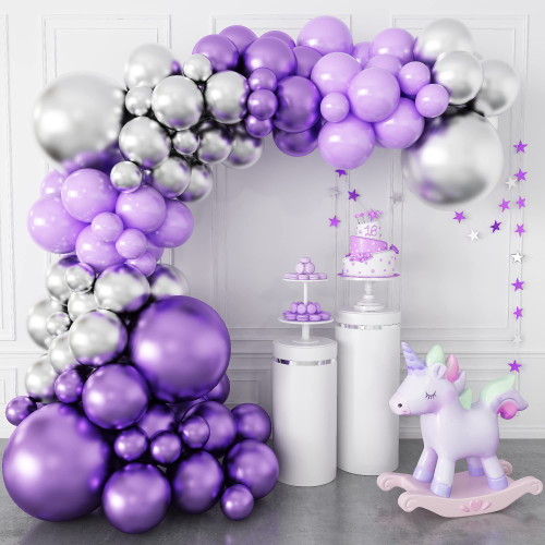 Purple Balloon Garland Arch Kit, 86pcs Metallic Purple Silver Balloons Pastel Baby Purple Balloons Macaron for Party Decoration Birthday Supplies, Gender Reveal, Baby Shower, Wedding, Engagement