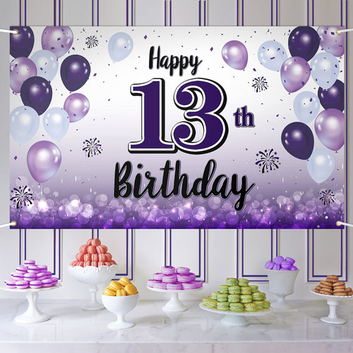 LASKYER Happy 13th Birthday Purple Large Banner - Cheers to Thirteen Years Old Birthday Home Wall Photoprop Backdrop,13th Birthday Party Decorations.