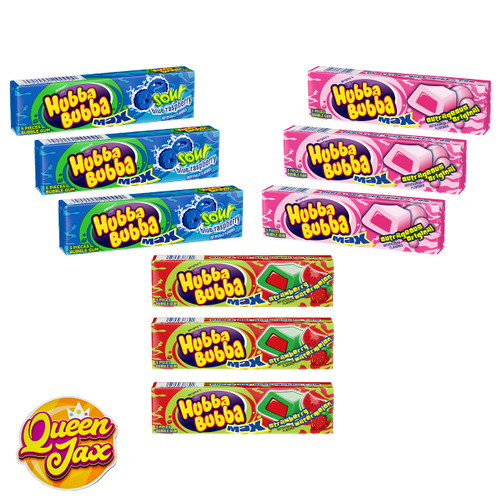 Hubba Bubba Max Bubble Gum - Variety Pack 3 Flavors (Total of 9 Packs of Gum) - Sour Blue Raspberry Bubble Gum - Strawberry Watermelon Bubble Gum - Outrageous Original Bubble Gum - 3 Packs of Each Juicy Flavor - 9 Packs of Gum in total - Fresh Candy
