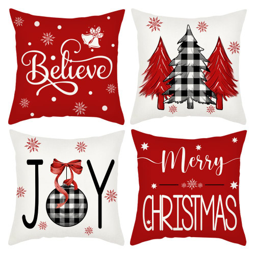 wyooxoo Christmas Pillow Covers 18x18 Set of 4 Christmas Decorations Buffalo Plaid Christmas Tree Believe Throw Pillow Covers Cushion Cases Winter Farmhouse Pillowcases for Sofa Couch