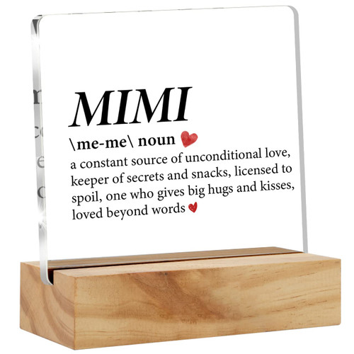Acrylic Grandma Gift Mimi Desk Decor Present, Positive Mimi Definition Decorative Clear Acrylic Desk Plaque Sign with Wood Stand for Home Birthday Mother's Day Xmas
