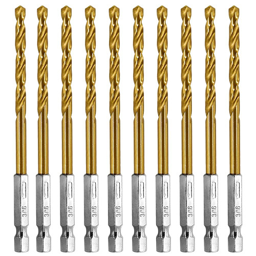ARESMRO Titanium Twist Drill Bit Set- 3/16''(10PCS)?Titanium HSS Hex Shank Impact Drill Bit Set with High Speed Steel for Wood Plastic Aluminum Alloy, Quick Change