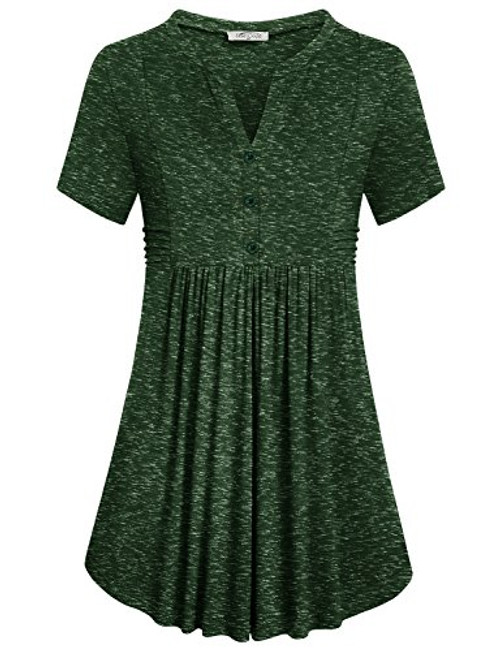 SeSe Code Women's Short Sleeve Notch V Neck Button Pleated Swing Tunic Shirt