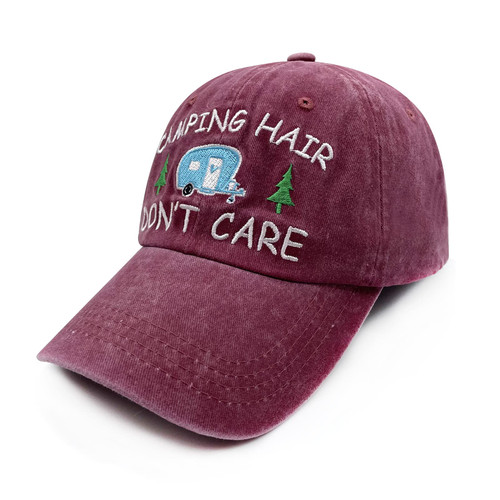 Waldeal Embroidered Camping Hat for Men Women Adjustable Washed Distressed Camping Hair Don't Care RV Baseball Cap Burgundy Waldeal Embroidered Camping Hat for Men Women Adjustable Washed Distressed Camping Hair Don't Care RV Baseball Cap Burgundy