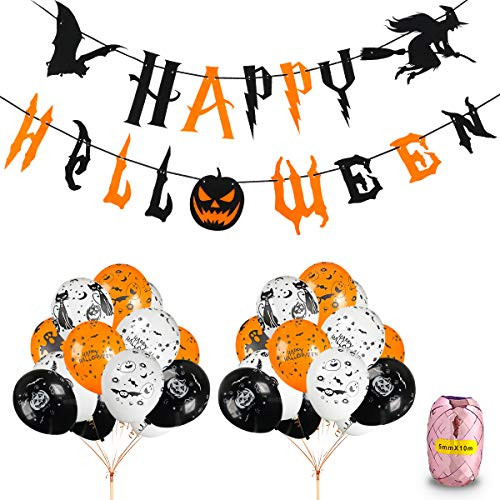 Halloween Party Balloons Decorations Kit - Happy Halloween Banner and 30 pcs 12 Inches Pumpkin Ghost Bat Specter Spider Web Latex Balloons for Halloween Party Supplies