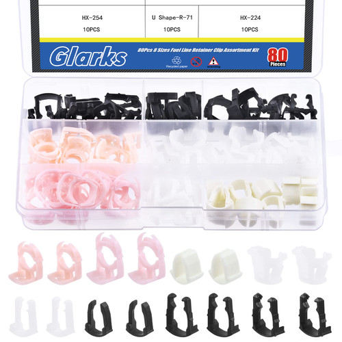 Glarks 80Pcs 3/8" 5/16" 8 Sizes Fuel Line Retainer Clips Assortment Kit, Nylon Fuel Line Retaining Clips Auto Clips Replacement Kit Compatible with Ford GM