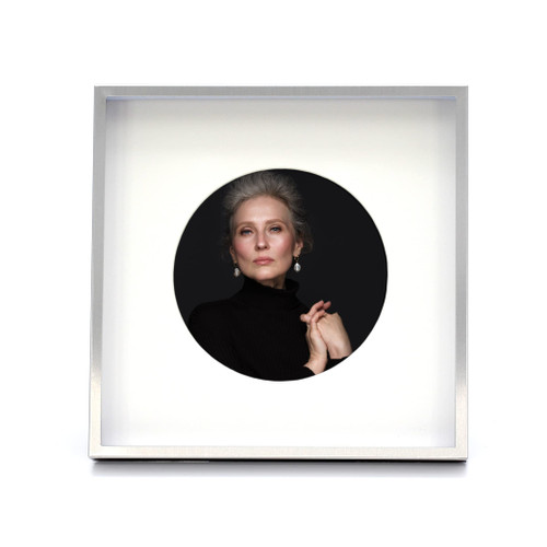 MIMOSA MOMENTS 6x6 Minimalist Silver Metal Picture Frame with Mat for Round Photo,Shadowbox Frame for Tabletop Display or Wall (4x4, Brushed Silver-Round Opening)