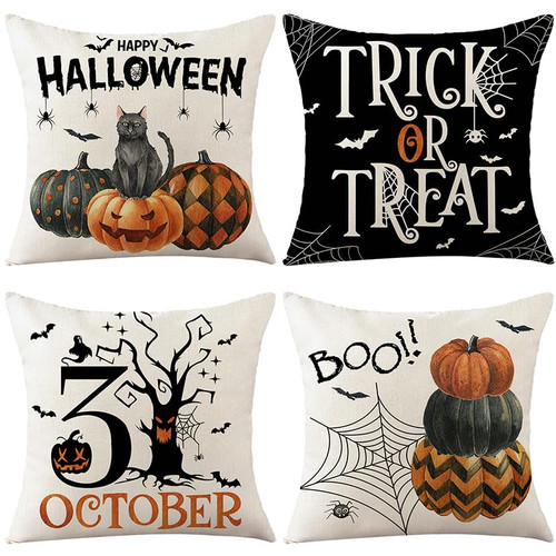 Cosermart Halloween Pillow Covers 18x18 Set of 4 Trick or Treat Boo Black Cat Spider Web Happy Halloween Decor Pillow Covers Farmhouse Throw Pillows Cushion Case Decoration for Indoor Couch Bed Sofa