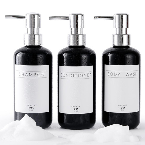 Janxin Shampoo and Conditioner Dispenser Set of 3,Modern Refillable 16oz Shampoo and Conditioner Bottles with Pump,Stylish Shower Soap Dispenser with Waterproof Labels for Bathroom(Black)