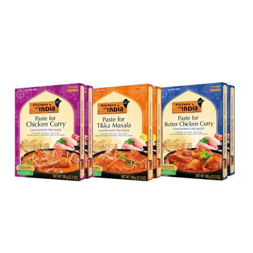 Kitchens of India Curry Paste Combo for Butter Chicken Curry, Tikka Masala & Chicken Curry, Gluten-Free Easy-to-Use Curry Paste for Authentic Indian Dish, 3.5 Ounces (Pack of 6)