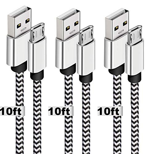 USB to Micro USB Cable Android Charger,Micro USB Charging Cable,3 Pack Nylon Braided 10FT Fast Charger USB Cable Micro USB Cord for Kindle fire,PS4 Accessories,Samsung Galaxy S7/Tablet,LG(Black White)