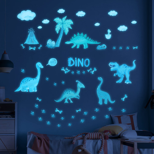 Glow in The Dark Dinosaur Wall Decals, 47 PCS Glowing Dino Stickers for Boys Bedroom, Large Luminous Removable Dinosaur Paw Wall Decor for Nursery