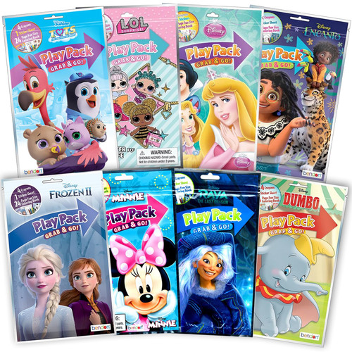 8 PACK Bendon Grab & Go Play Packs Kids Coloring Part Favor Pack With Crayons Bulk for Girls Princess Minnie LOL Raya Encanto Cartoon Characters Bulk activity books for kids Coloring Packs Bundle