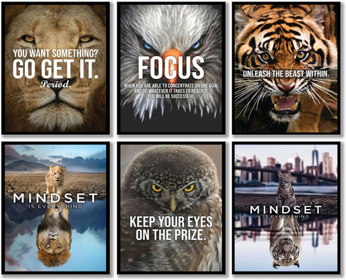 6 PCS Inspirational Phrases Wall Art Prints Decor,Inspirational Mindset Is Everything Wall Decor,Gold Cat Lion and Tiger and Eagle Cat Letter Inspirational Quotes Posters Wall Art Prints,Inspirational Wall Art for Office Quotes Theme Wall Decor for A