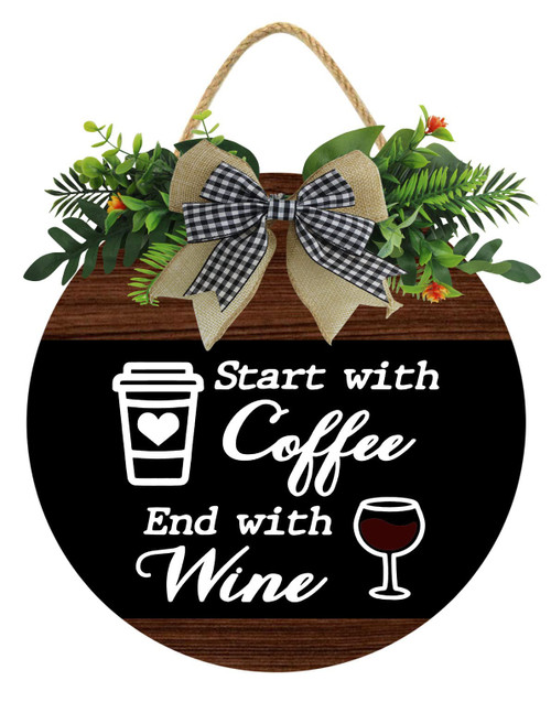 KPSheng Start With Coffee End With Wine Sign, Rustic Farmhouse Wooden 12" Round Retro Coffee Bar Decor Coffee Lover Coffee Station Decor Home Office Kitchen Wall Decor