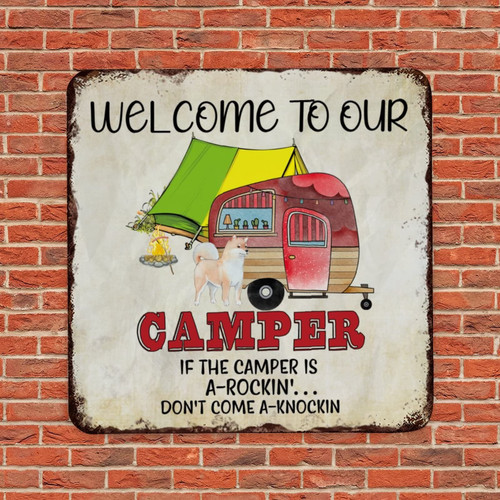 Retro Metal Sign Funny Camping Saying Welcome to Our Camper Happy Campers Decorative Door Bar Sign Plaque Vintage Metal Poster for Shed Outdoor Decor Home Decor 10x10 Inch