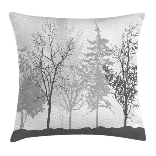 Ambesonne Nature Throw Pillow Cushion Cover, Silhouette of Trees Forest Freshness Themed Woodland Branches Image, Decorative Square Accent Pillow Case, 18" X 18", Grey White