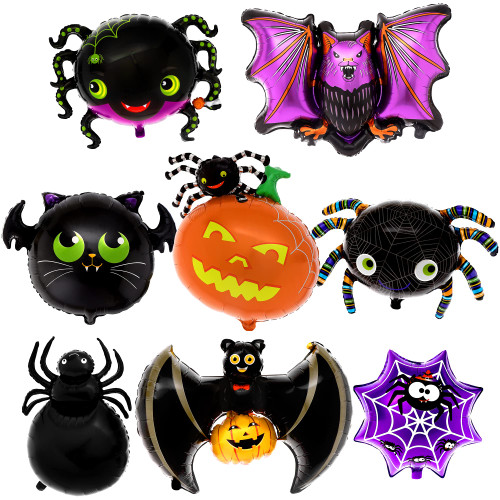KatchOn, Spooky Halloween Balloons Set - Large, Pack of 8 | Spider Balloon, 31 Inch | Pumpkin balloons, Halloween Purple Bat Balloon for Halloween Birthday Decorations | Halloween Black Bat Balloons