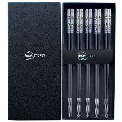 EMRSTORES Stainless Steel Chopsticks - Laser Engraved Premium Black Reusable Chopsticks - 5 Pairs Dishwasher Safe Metal Chopsticks - Easy to Use - Square Lightweight Chop Sticks - Gift Set