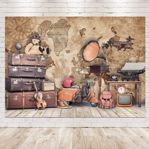 Newsely Around World Map Backdrop 7Wx5H Photography Adventure Awaits Vintage Travel Bear Aviator Retro Background for Kids Boys Baby Shower Birthday Party Decorations Banner Photo Booth Props Supplies