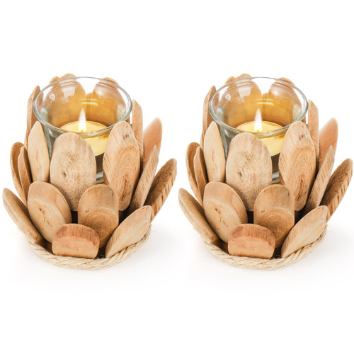 ZEAYEA Set of 2 Wooden Tealight Candle Holder with Glass Votive Cup, Rustic Lotus Candle Holder Candlestick, Wood Candle Stand for Farmhouse Home Wedding Party Decoration Table Centerpieces