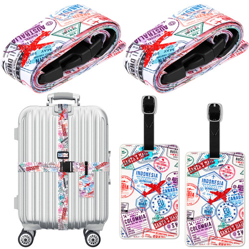 4 Pack Luggage Straps Set Adjustable Suitcase Belts with Quick Release Buckle Luggage Tags Travel Suitcase Tags with Name ID Card for Travel Bag Suitcase (Stamp Pattern)