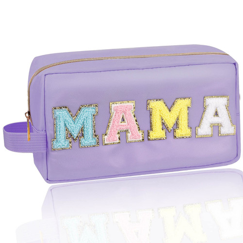 Iqimott Preppy Patch Makeup Bag, Chenille Letter Makeup Pouch Small Toiletry Bag for Women Girls, Nylon Organizer Zipper Pouch Cosmetic Purse for Travel(Purple, Mama) Iqimott Preppy Patch Makeup Bag, Chenille Letter Makeup Pouch Small Toiletry Bag for Women Girls, Nylon Organizer Zipper Pouch Cosmetic Purse for Travel(Purple, Mama)