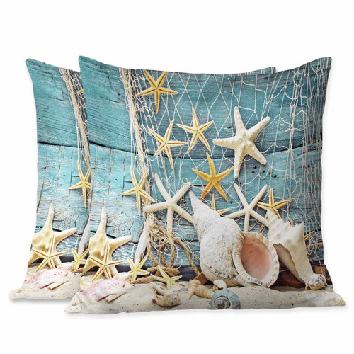 Beabes Pillow Covers Maritime Seashell Starships Fishnet On Blue Wood Border 18X18 Inch Set of 2,Standard Square Cushion Throw Cover for Couch Bedroom Living