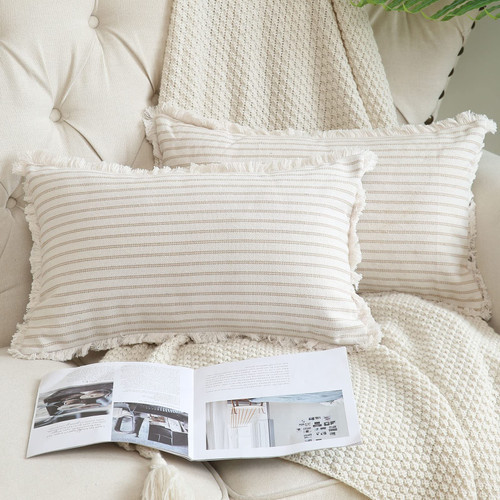 Hckot Throw Pillow Covers 12x20 Set of 2 Striped Pillow Covers with Fringe Chic Cotton Decorative Pillows Square Cushion Covers for Sofa Couch Bed Living Room Farmhouse Decor,Khaki Hckot Throw Pillow Covers 12x20 Set of 2 Striped Pillow Covers with Fringe Chic Cotton Decorative Pillows Square Cushion Covers for Sofa Couch Bed Living Room Farmhouse Decor,Khaki