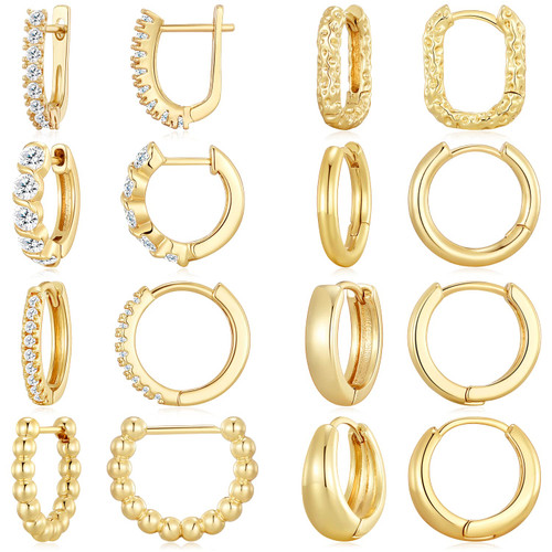 Dreamfox 8 Pairs Huggie Hoop Earrings Small Hypoallergenic 14K Gold Plated Huggie Earrings For Women Simple Huggie Hoops For Girls (Gold-2)