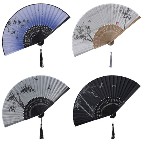 BABEYOND 4pcs Chinese Style Bamboo Folding Hand Fan Vintage Handheld Silk Folding Fan with Different Patterns Fringe Folding Fan for Wedding Dancing Party