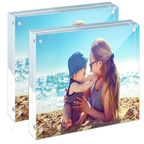 HELPLEX Acrylic Frame, 2 Pack 4x4 Acrylic Picture Frames, 20mm Thicker Frameless Clear Frame Double Sided Magnetic Frame, Free Standing Desktop Display Stand Acrylic Frames