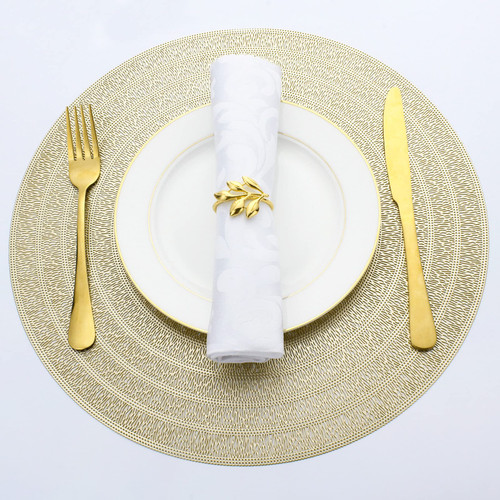 Evevda Round Gold Placemats for Dining Table Set of 6 Metallic Pressed Hollowed Out Table Mats Wipeable Vinyl Place Mat for Holiday Wedding Dinner Table Decoration Mat