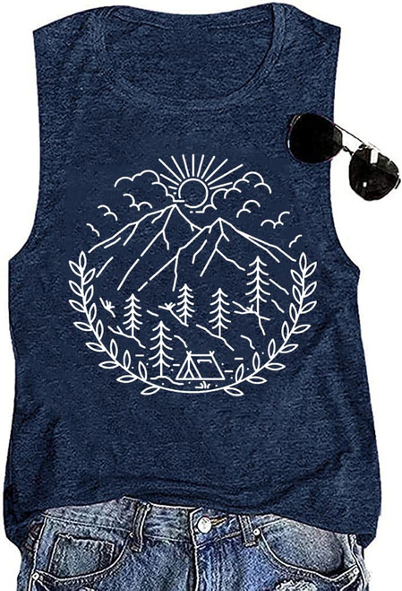 Womens Summer Tops Funny Hiking Camping Mountain Graphic Tank Causal Oudoor Travel Athletic Workout Sleeveless Shirts Cotton Loose Fit Top-XL (Navy Blue)