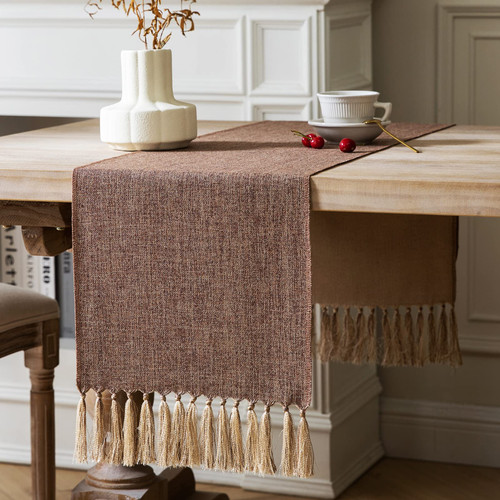 ZeeMart Brown Table Runners 72 Inches Long, Burlap Linen Style Rustic Farmhouse Table Runner, Boho Woven Dining Table Runner, 13x72 Inches, Brown ZeeMart Brown Table Runners 72 Inches Long, Burlap Linen Style Rustic Farmhouse Table Runner, Boho Woven Dining Table Runner, 13x72 Inches, Brown