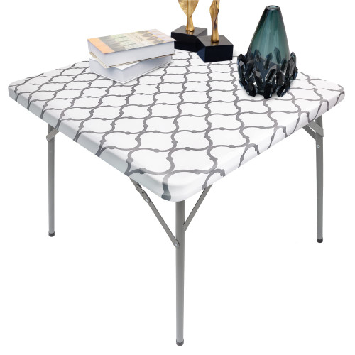 NEWISHER Square Fitted Table Cover Gray Pattern Cocktail Topper Spandex Stretchable Table Top Tablecloth 36 x 36 Inch