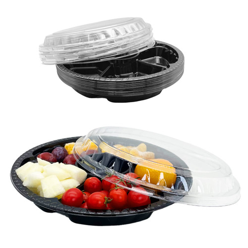 Apatal 12PCS Disposable Fruit Trays, Round Plastic Appetizer Serving Tray with Lid 6 Compartment Party Platters Divided Food Dip Containers for Snack Vegetable Salad Veggie Fruit Organizer-Black