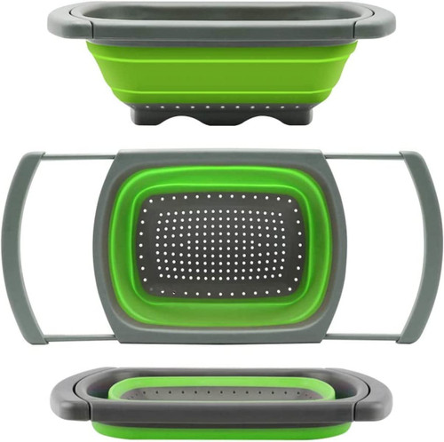Collapsible Colander, Green Food Strainer Over the Sink Colanders Strainers with Extendable Handles, 6-Quart, Dishwasher-Safe Kitchen Folding Strainer for Pasta, Vegetables and Fruits by Polerce