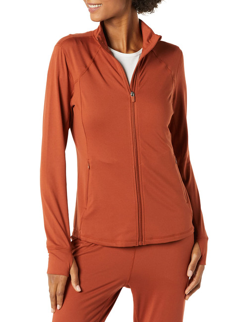 Amazon Essentials Women's Brushed Tech Stretch Full-Zip Jacket (Available in Plus Size), Rich Chestnut Brown, Medium