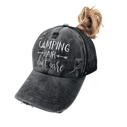 Waldeal Embroidered Camping Hair Don't Care Trucker Hat Distressed Messy Bun Ponytail Baseball Cap for Men Women Black Waldeal Embroidered Camping Hair Don't Care Trucker Hat Distressed Messy Bun Ponytail Baseball Cap for Men Women Black